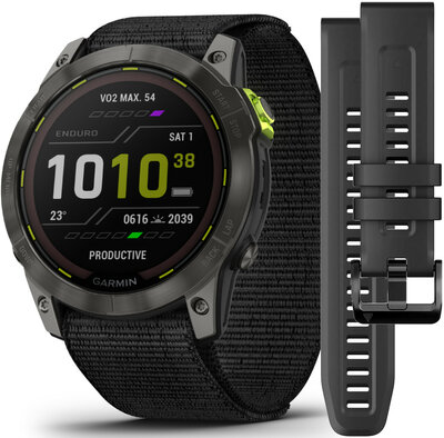 Garmin Enduro 2 Carbon Gray DLC Titanium / Black UltraFit Nylon Strap (+ Ersatz-Silikonband)